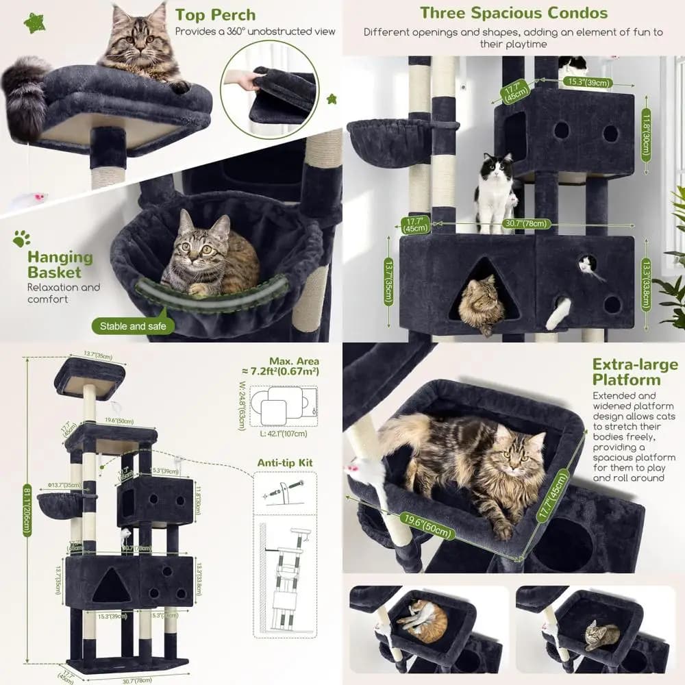 Albero per gatti XXL 81 con 3 condotti e 8 pali, resistente per gatti di grandi dimensioni, 20 libbre, grigio scuro