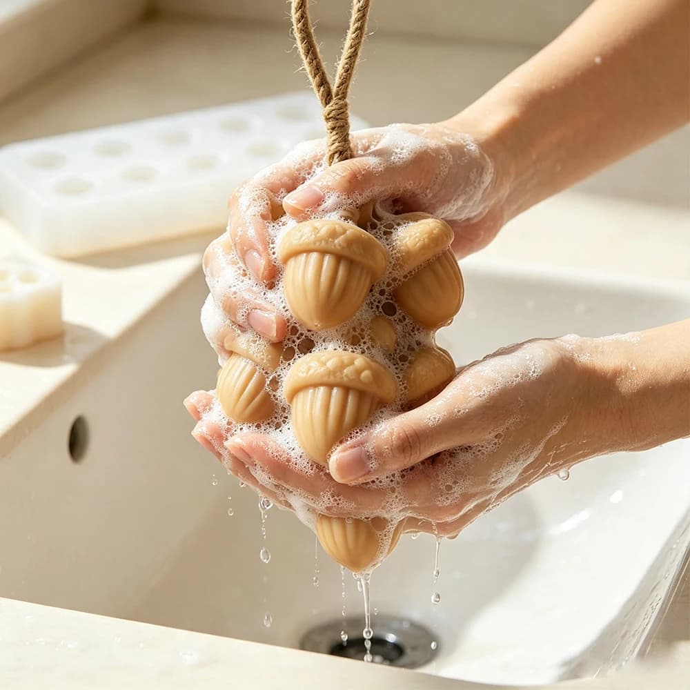 Acorn Bunch Cluster Soap Silicone Mold Set (Includes 1 Mold + 1 Roll of Rope), 10-Cavity Mini Acorn Shape Candle Making Mould