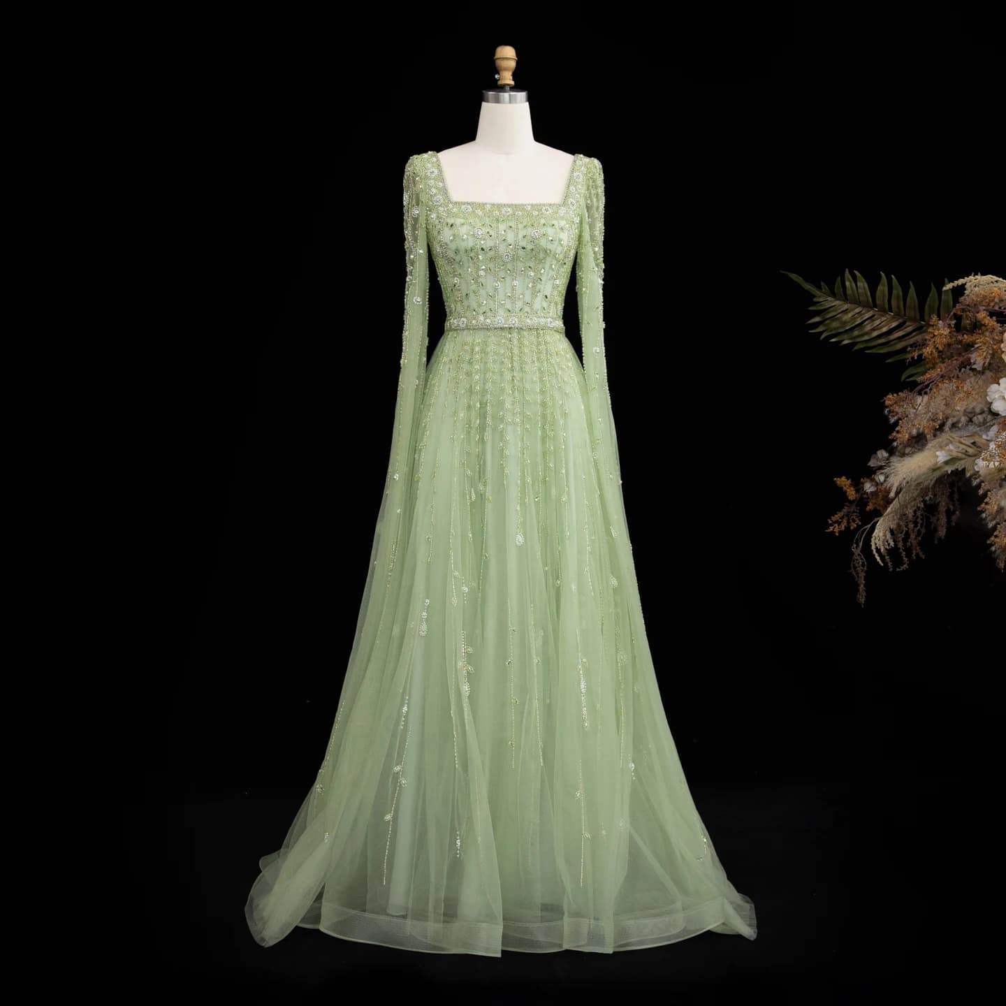Sharon Said Sage Green Luxury Evening Dress for Women Wedding Square Neck Cap Sleeves Muslim Formal Party Gowns SS494 Customized