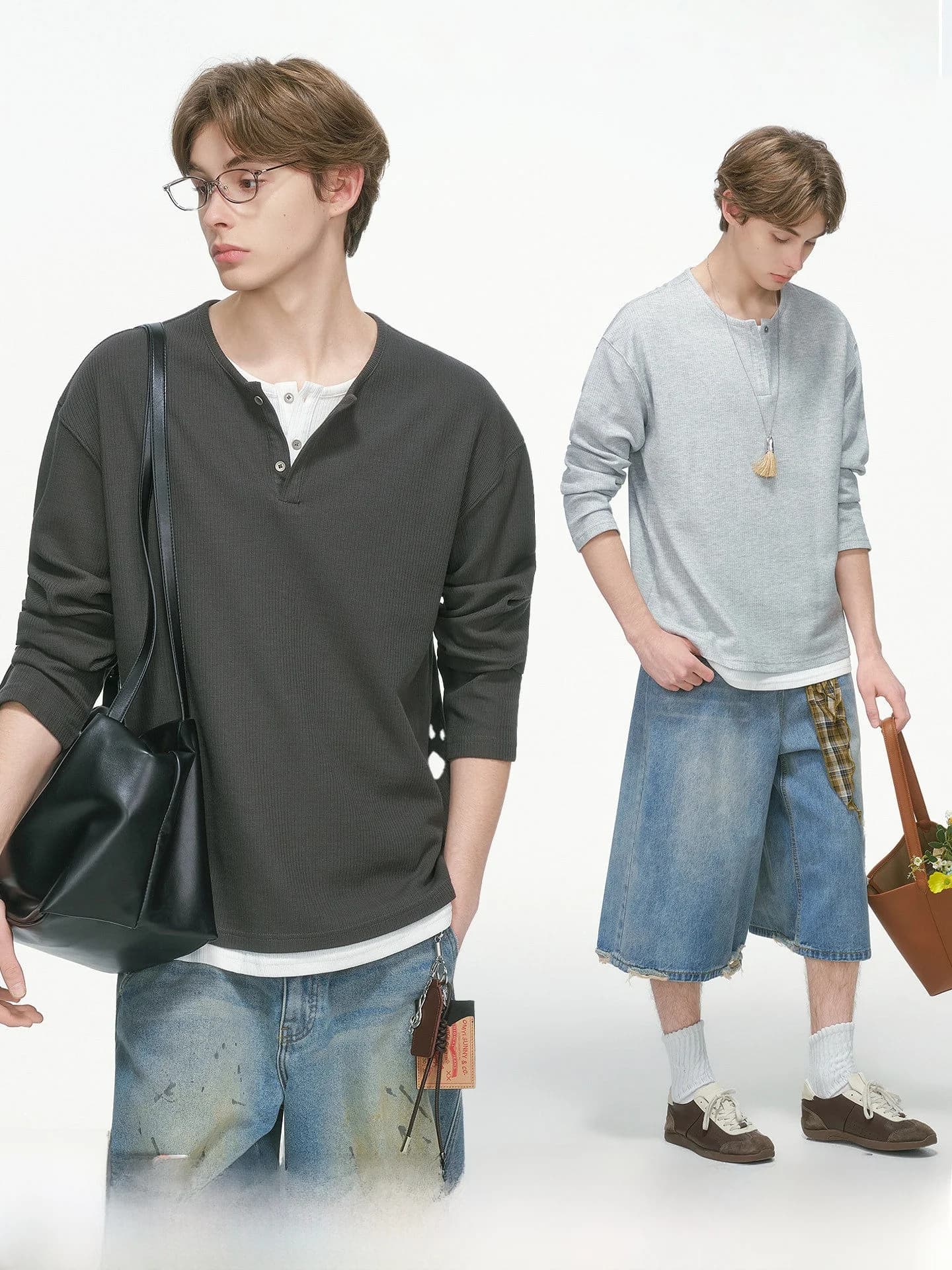 Dream Made Men's Long Sleeve T-Shirt Henry Collar Base Layer Spring Autumn Casual Style Splice Fabric Straight Fit Loose Type