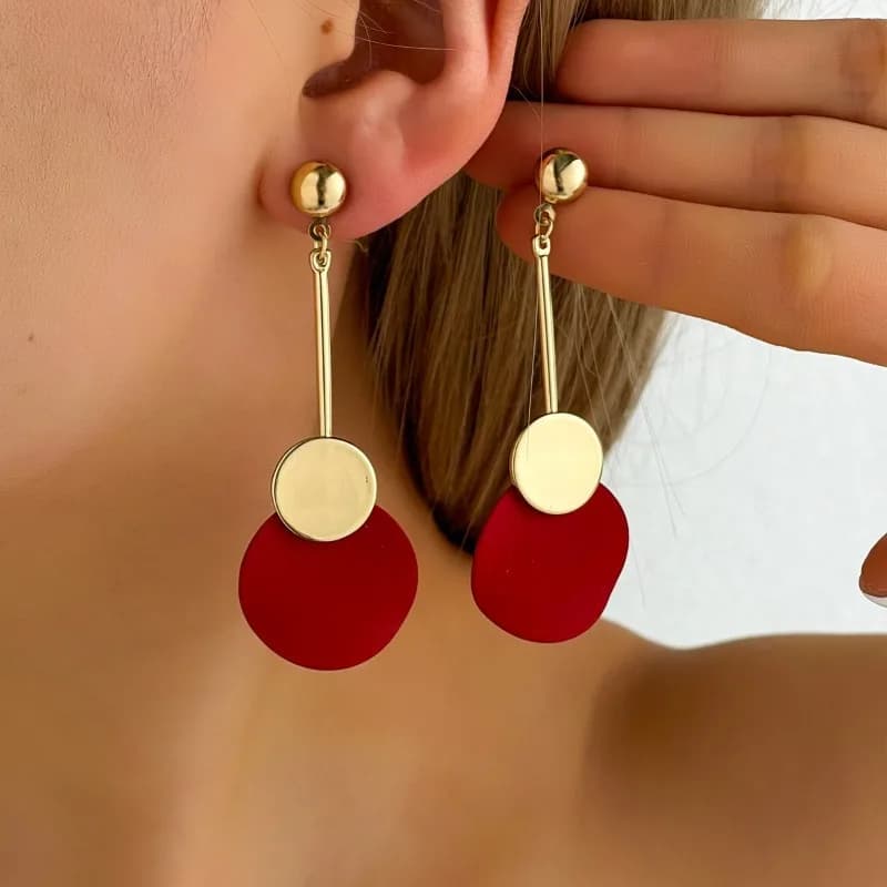 JK Glossy Gold Ball Linear Bar Two-Tone Matte Red Disc Long Drop Women Earrings, Chic Minimalist Romantic Bridal Wedding Earrings, Bride Gifts Fit Valentine’s Day, Christmas & Warm Indoor Wedding Holiday Parties