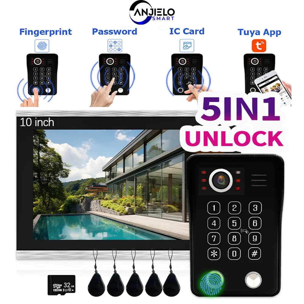 ANJIELO Impronte digitali 5in1 Sblocca campanello Videocitofono Sistema per citofono visivo domestico Tuya Smart 1080P Protezione di sicurezza
