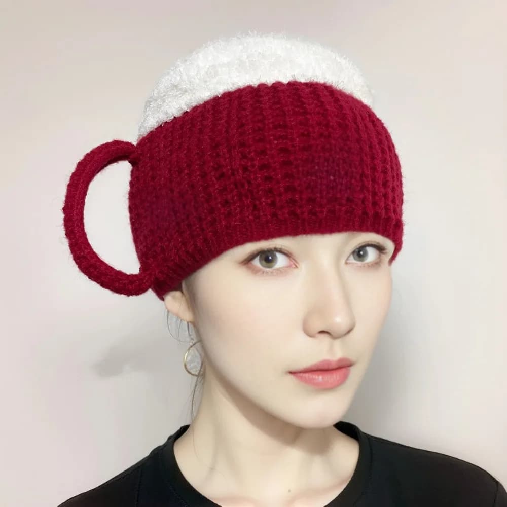 Cappelli unisex con coppa di birra 3D lavorati a maglia con orecchio caldo Berretti con linea sottile Scaldini versatili Berretto pullover per amanti della birra Regali per l'anno di San Valentino