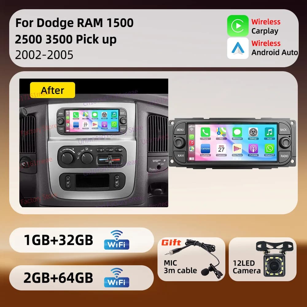 For Dodge RAM 1500 2500 3500 Pick Up 2002-2005 6.86" Carplay Autoradio 1 Din Radio Head Unit Stereo Android 13 Car Multimedia