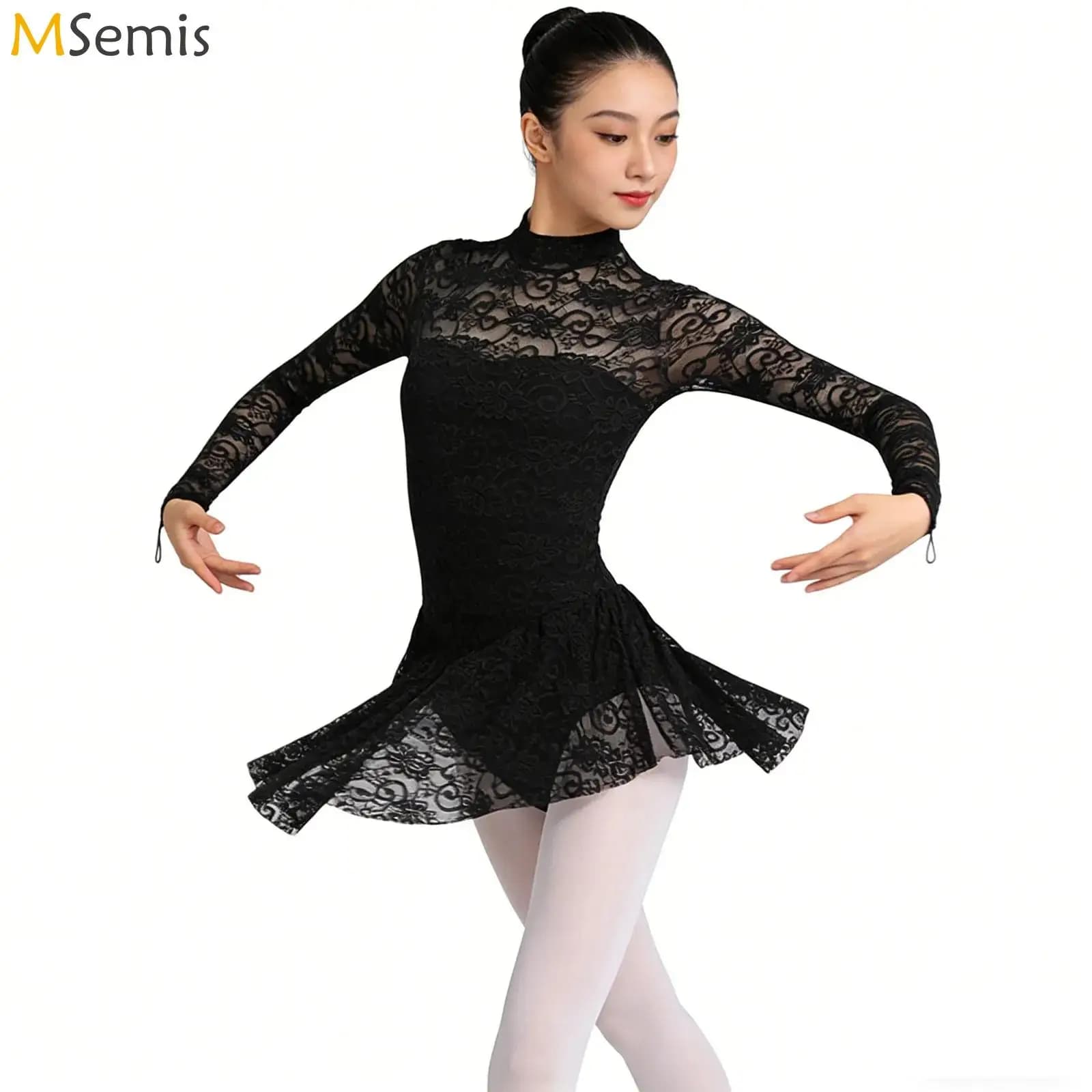 Womens Adult Ballet Jersey Lyrical Dance body Dress Lace ginnastica tuta attillata figura pattinaggio su ghiaccio Costume da pattinaggio a rotelle