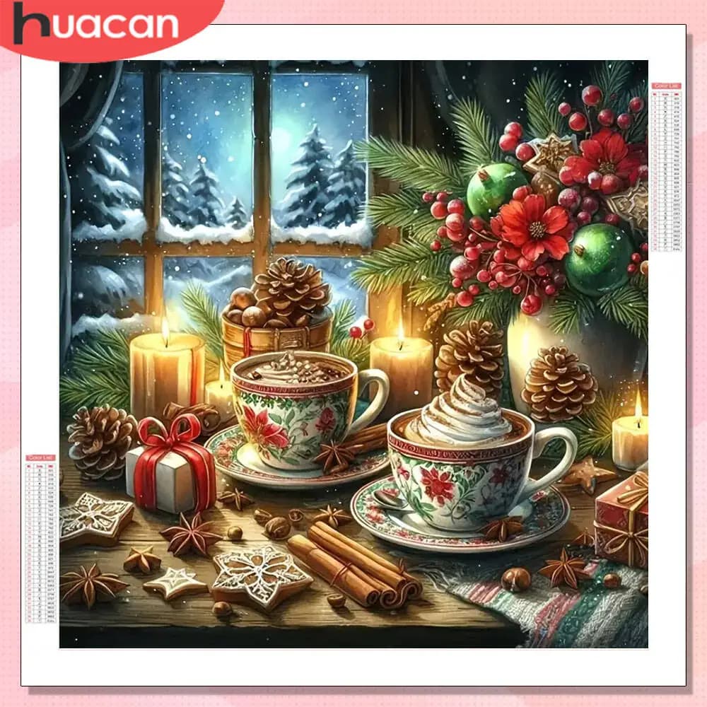 HUACAN Diamond Painting Coffee Cup Christmas Full Round Drill Wall Decor Diamond Mosaic Winter Cross Stitch