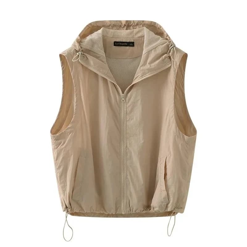 Giacca estiva traspirante senza maniche con cappuccio 2025 Gilet sportivo allentato da donna Giacca con cerniera Protezione solare Cardigan casual Top