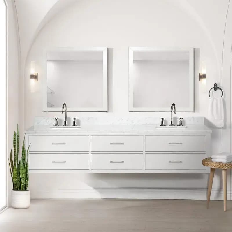 Vanity da bagno doppio da 84" con piano in marmo Carrara, set di rubinetti e specchi da 36" - Finitura bianca, design elegante per bagni moderni