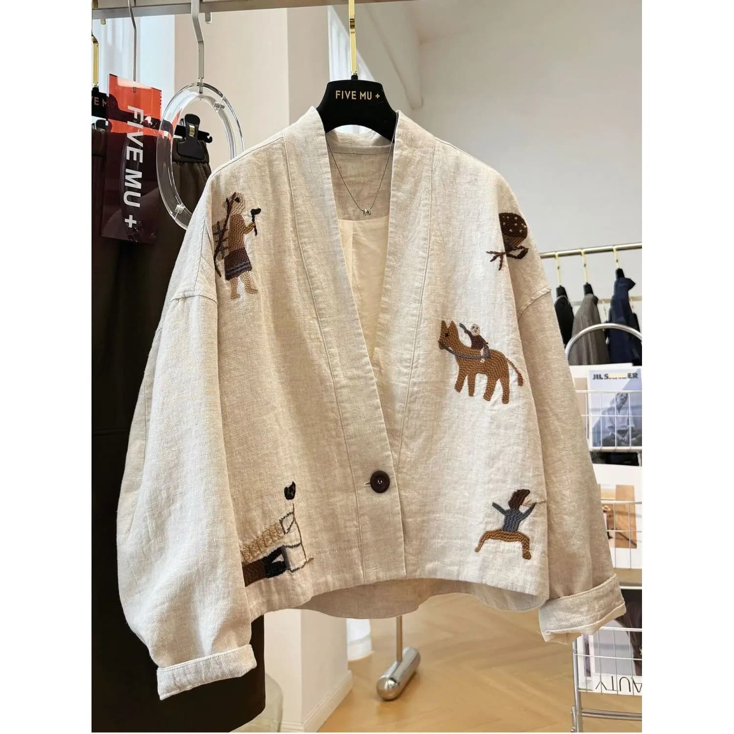 Elegant Heavy Embroidery Short Cotton Linen V-neck Women's Jacket Autumn Cardigan Casual Loose Fit Printed Long Sleeve
