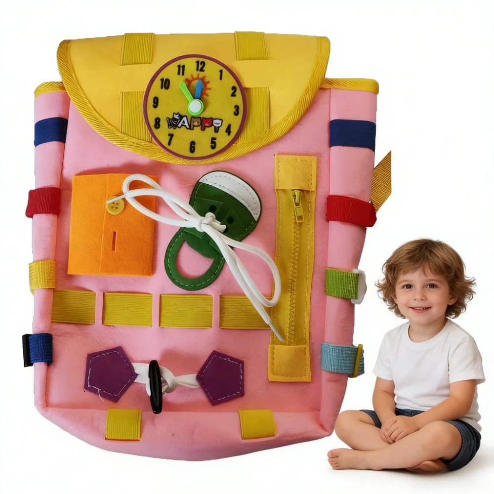 Montessori Children's Backpack with Busy Board, Sensory Toy with Cerniera, Bottoni, Lacci and Children's Watch from 1 to 4 Years, Educational