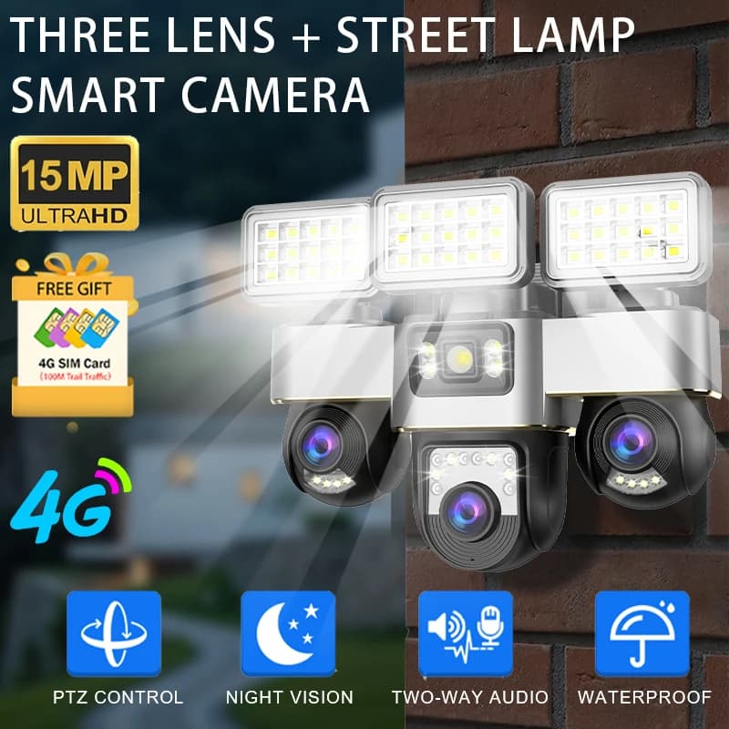 Telecamera di sicurezza a tre obiettivi da 15 MP Telecamere di sorveglianza domestica con scheda SIM 4G con lampione Visione notturna Cctv Cam esterna impermeabile