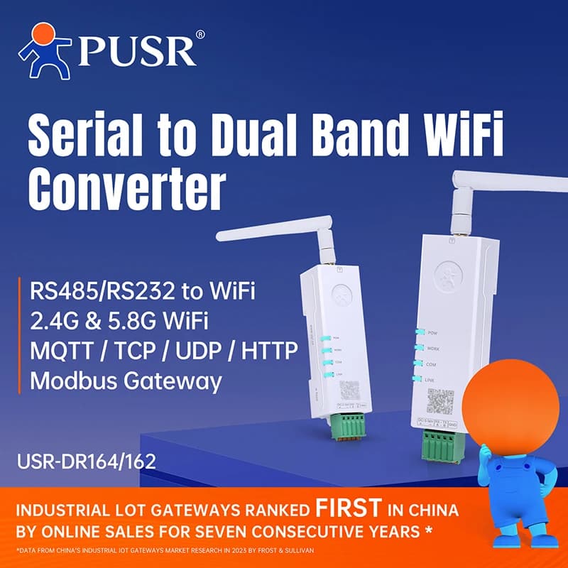 PUSR RS485/RS232 to WiFi Converter Dual Band 2.4G/5.8G WiFi Serial Sever Modbus Gateway TCP/UDP/MQTT USR-DR164/162
