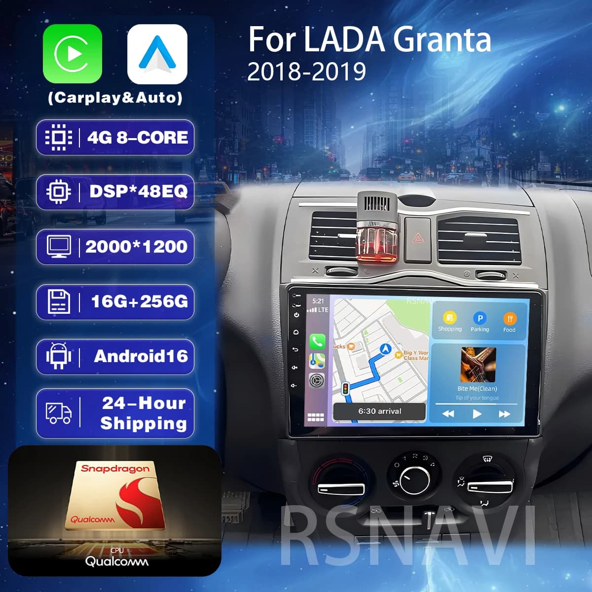 Autoradio RSNAVI Android 16 per LADA Granta 2018-2019 con Carplay, Auto, Qualcomm, schermo QLED 2K, stereo, Bluetooth e telecamera 360.
