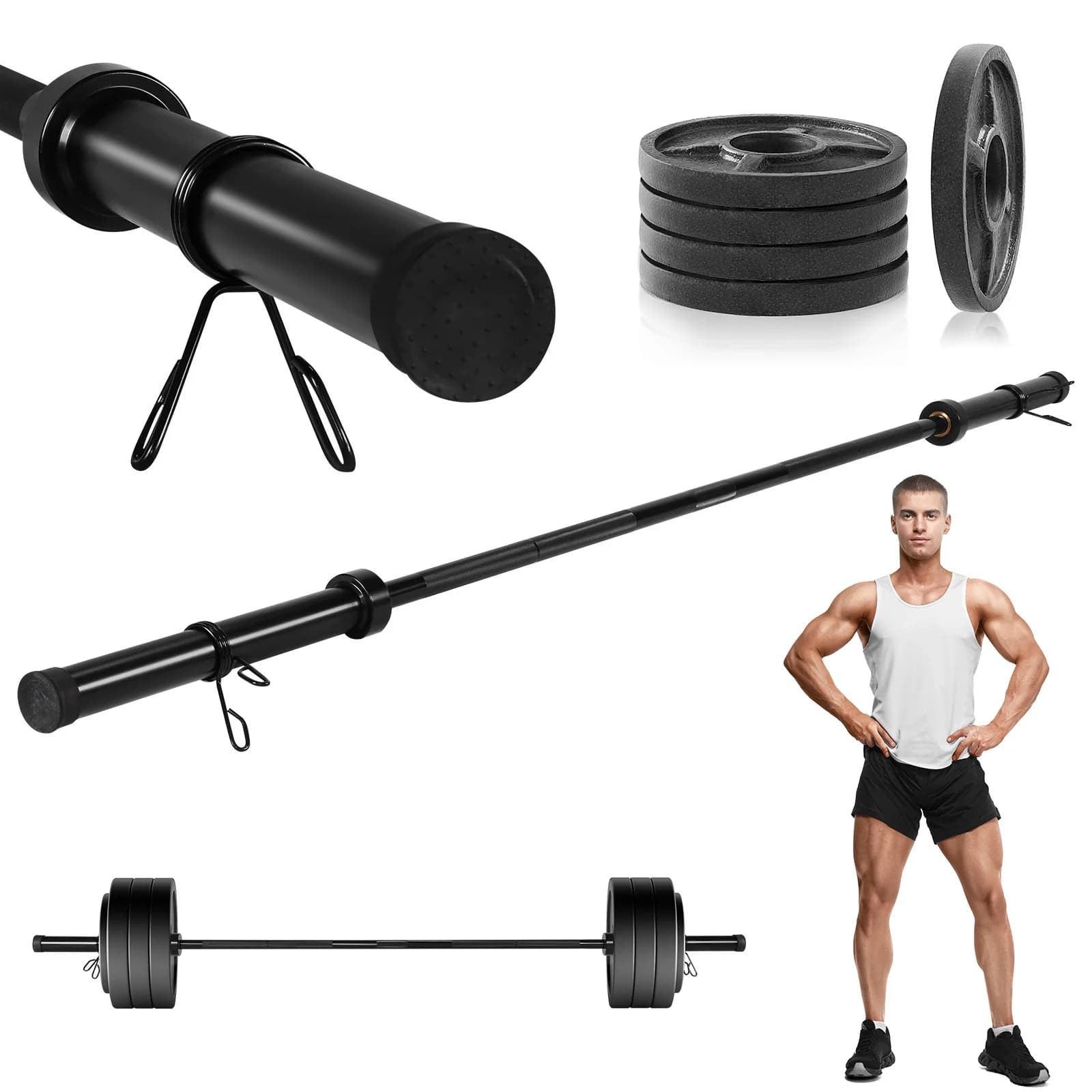 Set di barre per bilanciere da palestra da 2,2 m con 2 fermabilanciere a molla, barre universali per allenamento di forza, squat, panca e stacchi da terra
