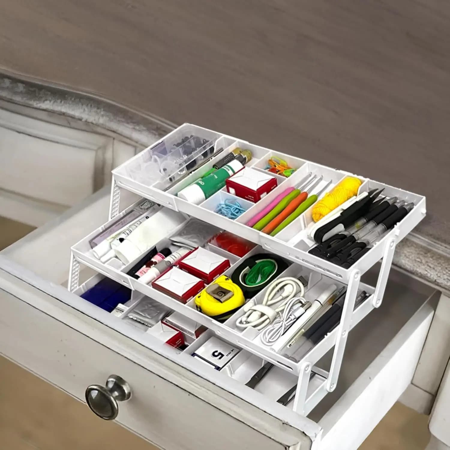 Organizzatore per cassetti a 3 livelli, organizer per cassetti intelligente espandibile multilivello, cassetti pieghevoli poco profondi, vassoio da scrivania