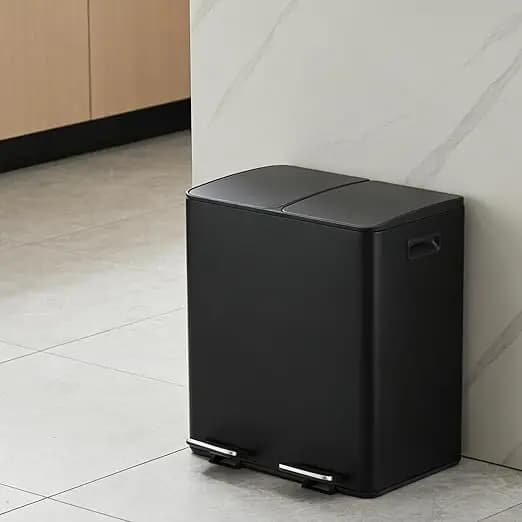 Dual Compartment Stainless Steel Kitchen Trash Can, Garbage Bin with Recycling, Foldable Step-on Pedal, Plastic Inner Buckets