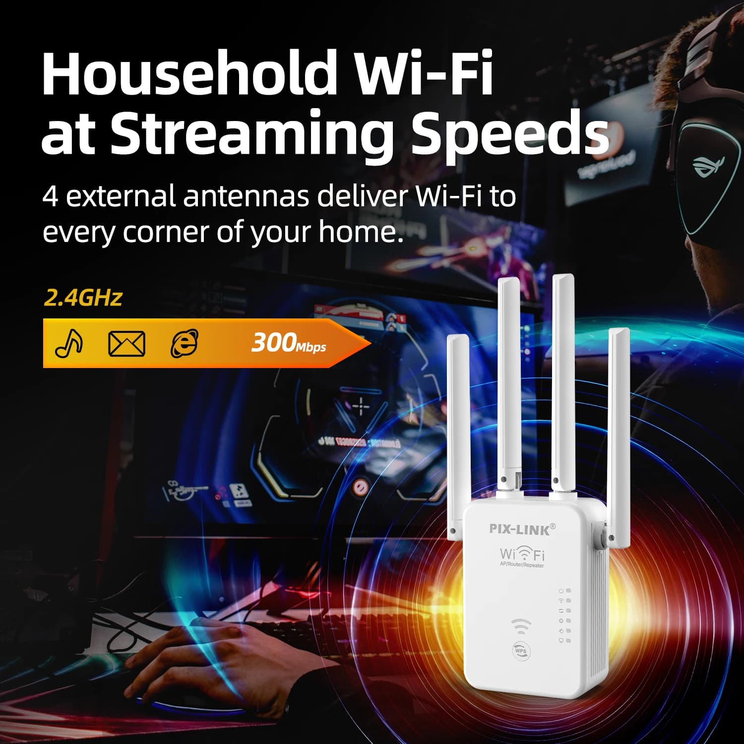 PIX-LINK WR49D4Q Router WiFi 300Mbps Ripetitore Wireless AP WISP 4 Antenne Esterne Lunga Portata WPA3 Facile Configurazione Casa Ufficio