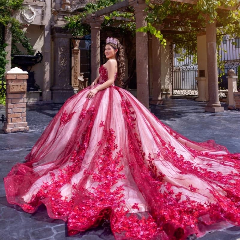 Abiti Quinceanera rossi con spalle scoperte Applique Fiore che borda Tull di cristallo Festa di compleanno Dolce 16 Abito Abiti 15 De Anos
