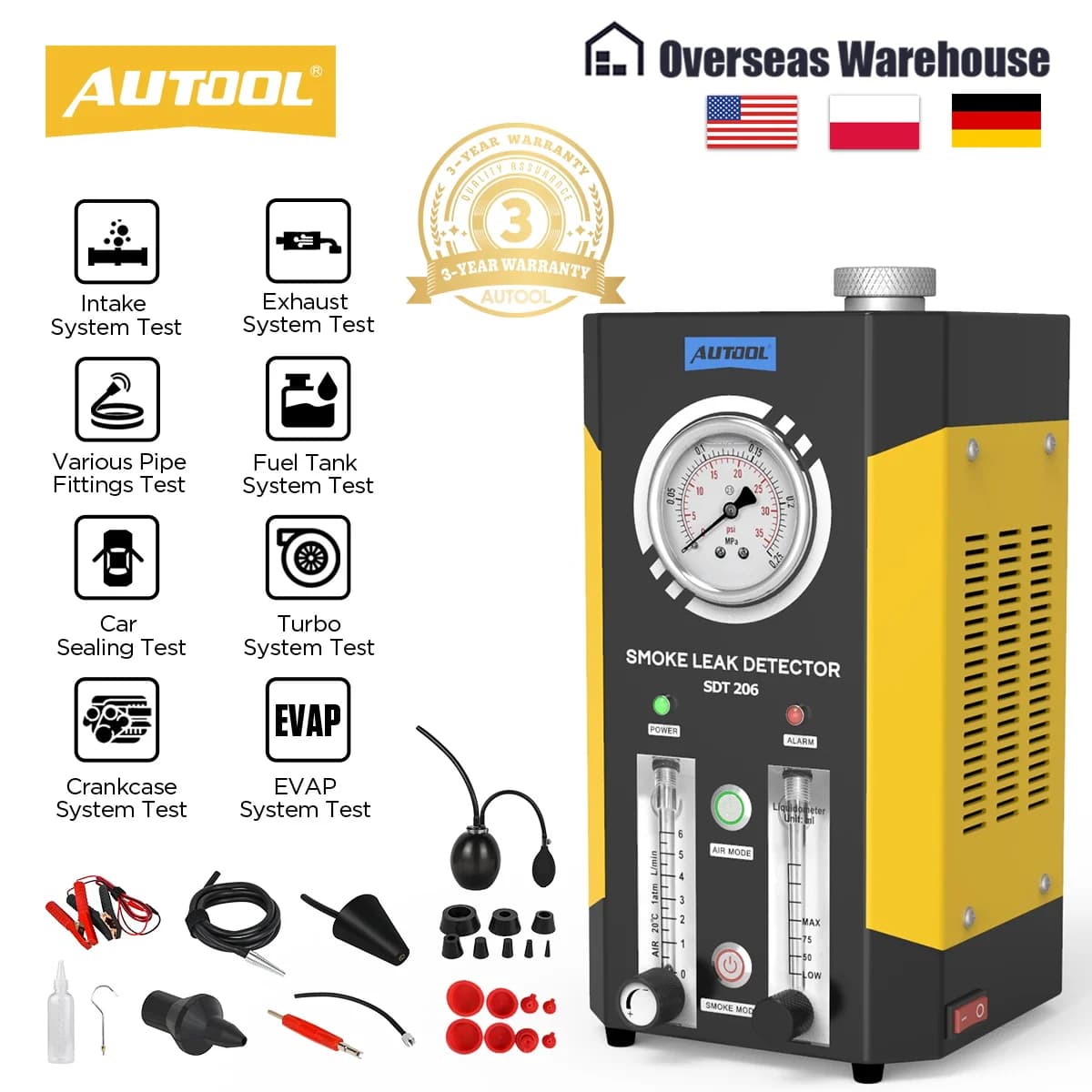 Rilevatore di perdite di fumo AUTOOL EVAP per auto, strumento diagnostico per la rilevazione di perdite nei sistemi di tubazioni automobilistiche, generatore di fumo SDT206, macchina tester.