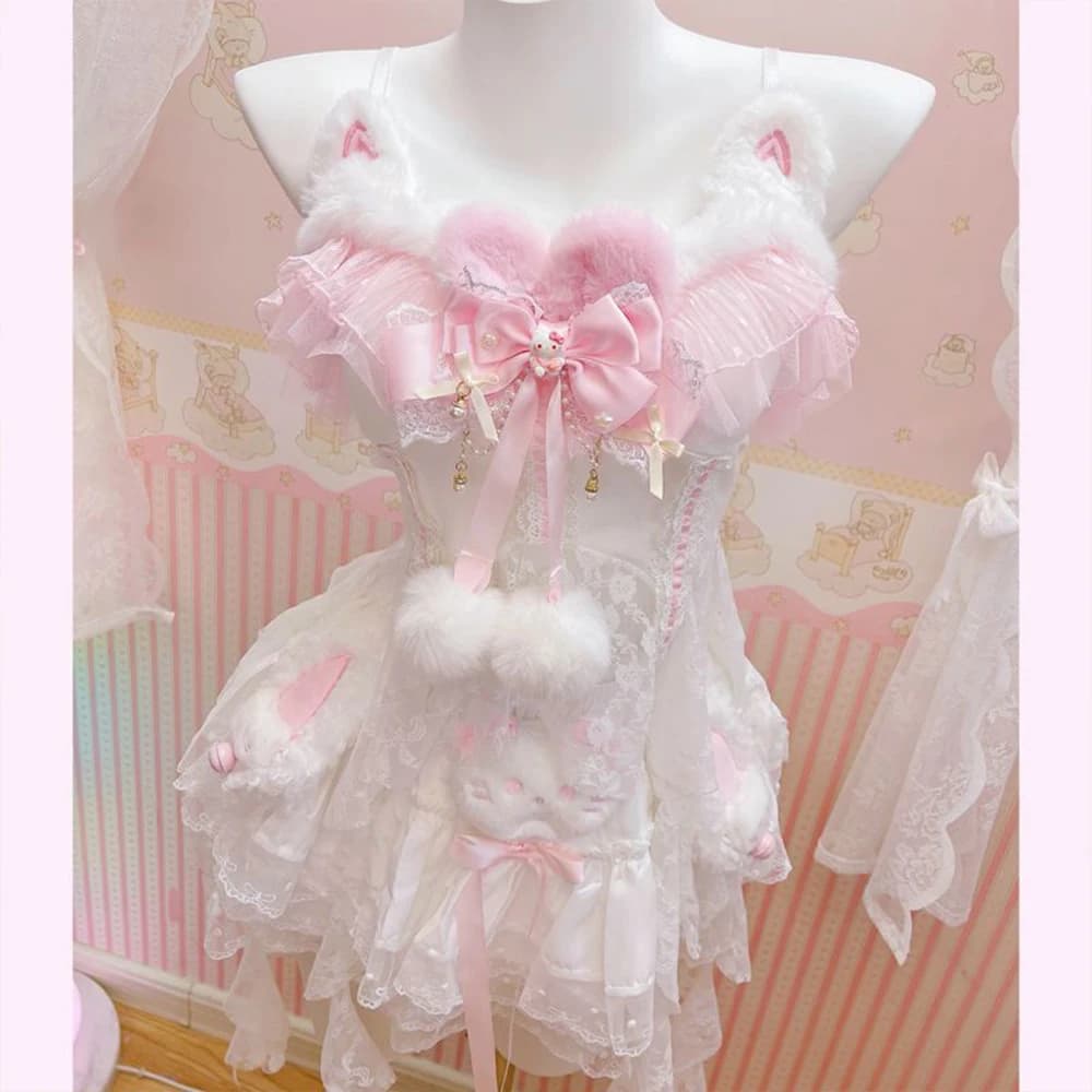 Vestito Kawaii Hello Kitty con Orecchie da Gatto e Pizzo per Donne, Stile Y2K Sweet Lolita con Bordo in Pelliccia, Abito con Spalline Sottili, Costume Carino per Feste a Tema
