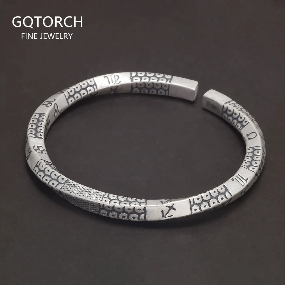 999 Pure Silver Mobius Twist Cuff Bracelet Zodiac Symbols Engraved Men Women Ethnic Retro Fashion Birthday Party Jewelry Gift