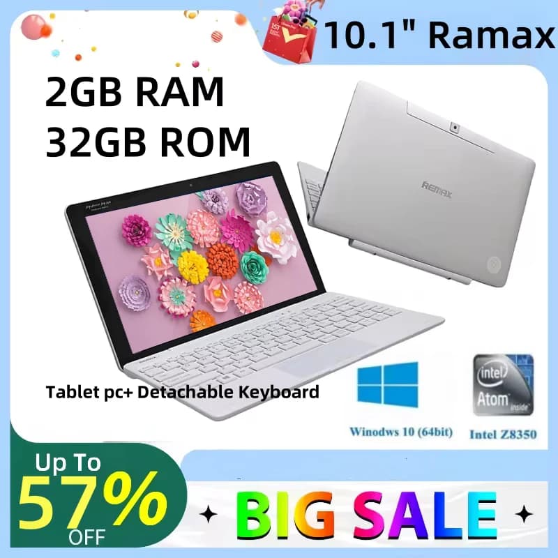 Tablet 10.1'' con 2GB DDR, 32GB ROM, Windows 10 64bit, Processore Z8350 Quad-core, USB 3.0, Doppia Fotocamera e Tastiera Staccabile - Vendita Calda