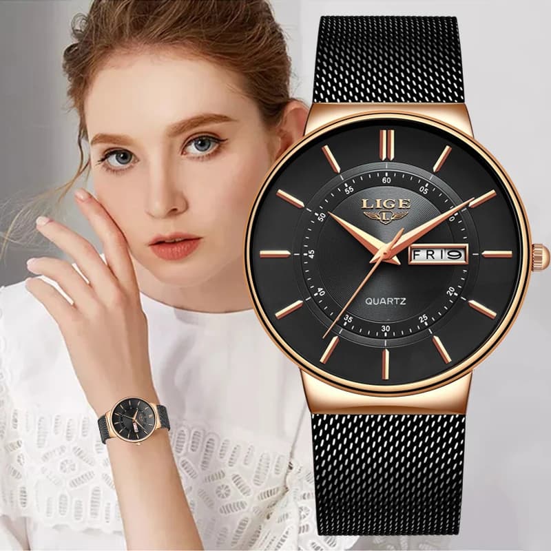 LIGE Women's Watches Luxury Brand Ultra-thin Week Calendar Women's Quartz Watch Stainless Steel Mesh Waterproof Reloj Muje + Box