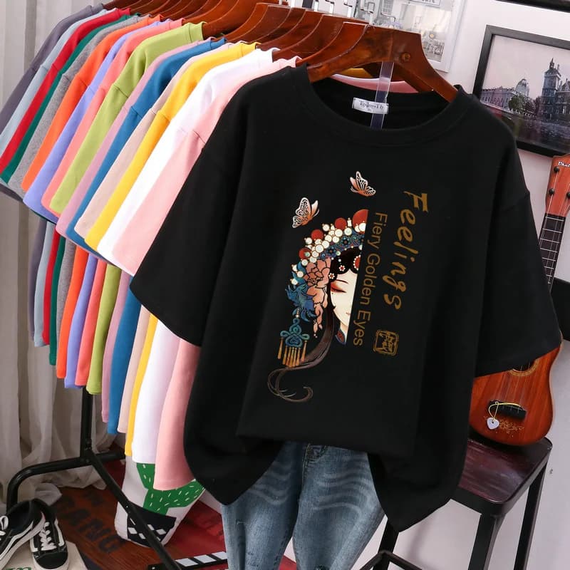Loose Cotton Short Sleeve T-Shirt Women's plus Size Summer New Style Comfortable Casual Printed Top Korean Style round Neck
