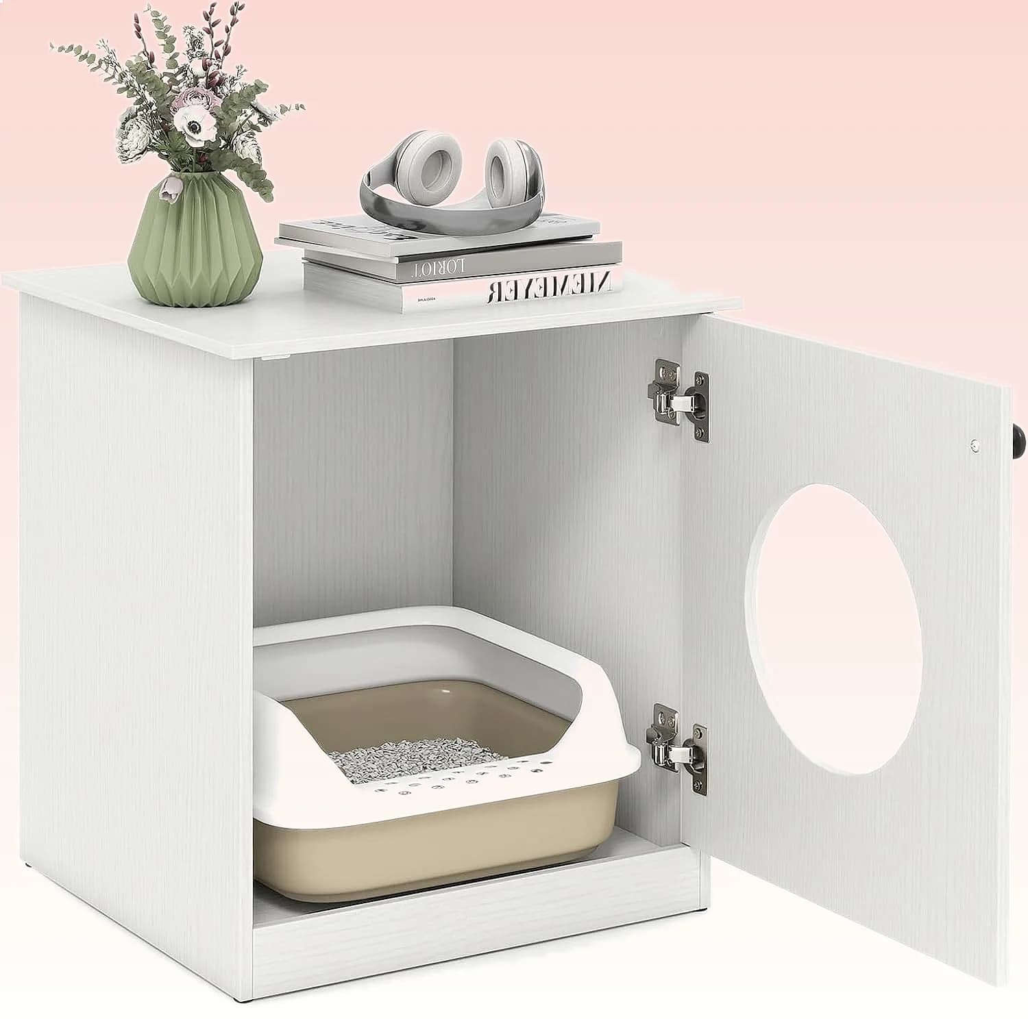 PETSITE 3-in-1 White Cat Litter Box Enclosure Furniture, Hidden Wooden Litter Box Cabinet with Round Hole, Side End Table Nightstand for Indoor Cats