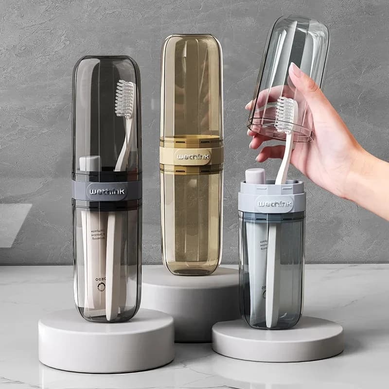 Travel containers for toothbrushes, brush holder, accessories for business travel/opening