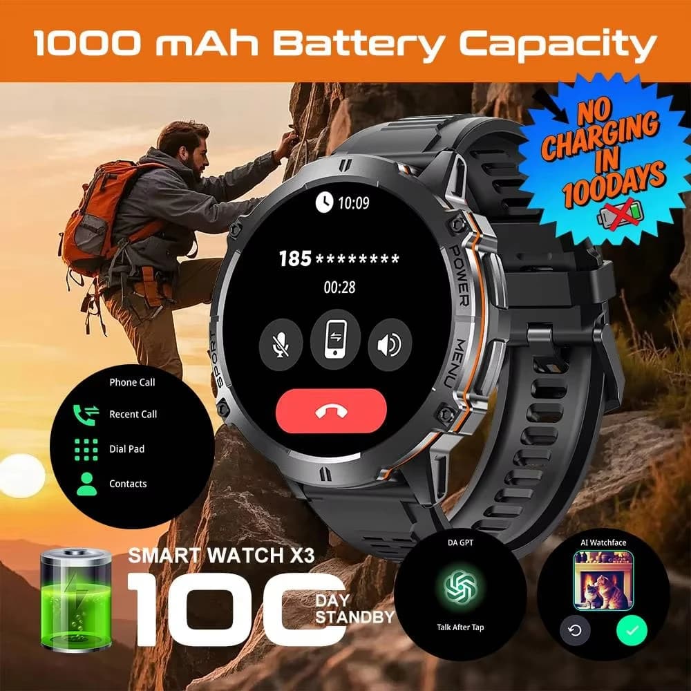 2026 Nuovo Militare TREX3 1000mAh Batteria Astuto Della Vigilanza Schermo da 1.73 pollici 5ATM GPS Impermeabile Alltimetro Chiamata Bluetooth Uomini Smartwatch