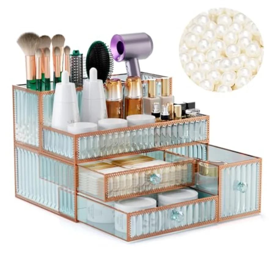 Makeup Organizer Countertop - Tempered Glass Vanity Organizer for Cosmetics, Skincare, Hair Tools, Brushes, Perfume - Multipurp