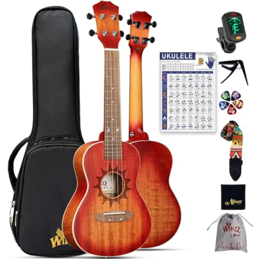 Ukulele da Concerto per Adulti Principianti, 23 Pollici, in Mogano, con Tabella degli Accordi e Capo, Finitura Naturale, Design Unico, Regalo