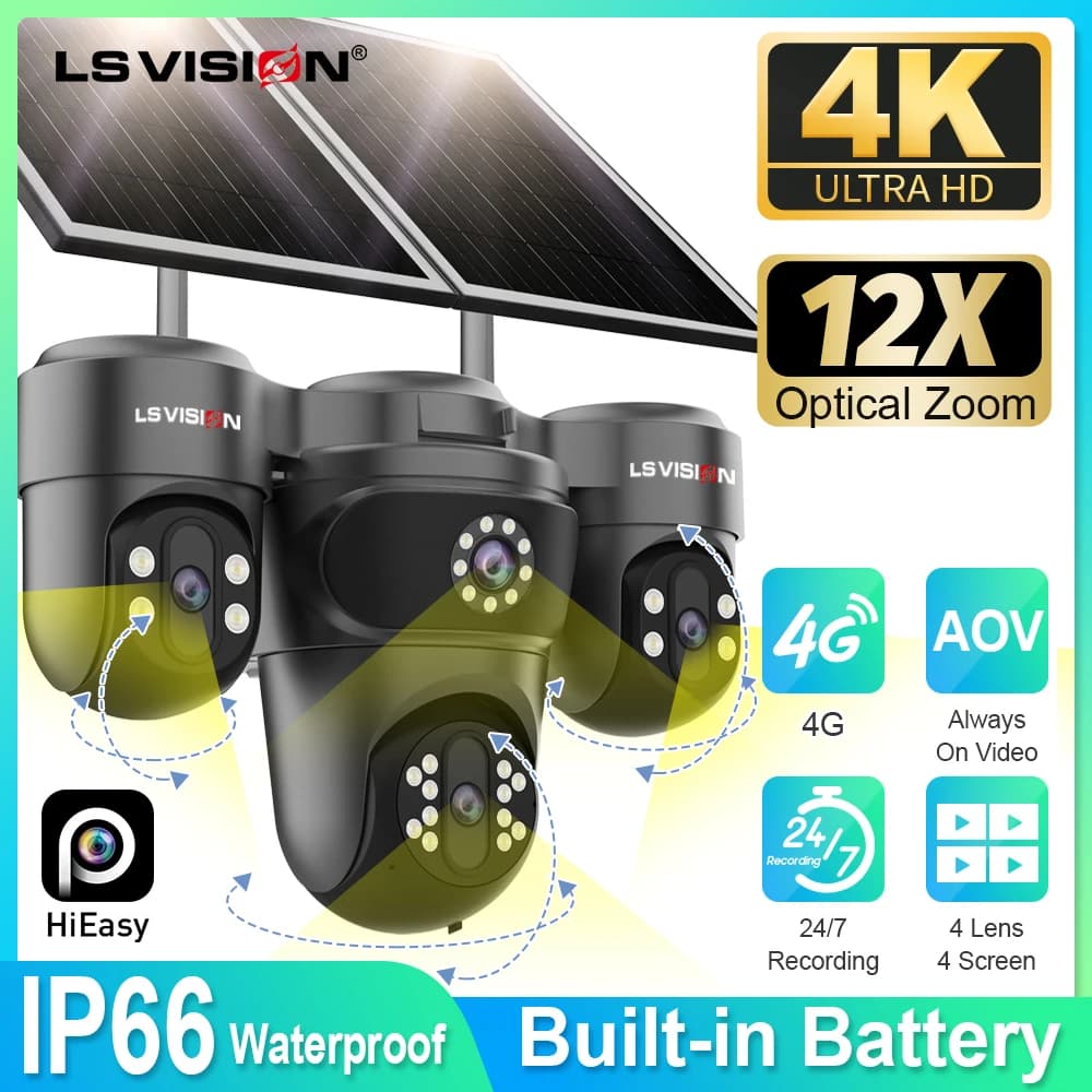 LS VISION Telecamera Solare da Esterno 20MP con Quattro Schermi, Zoom Ottico 12X, 3 PTZ 360°, Controllo tramite App, Batterie Integrate da 14400mAh, CloudSIM, Pannello da 16W