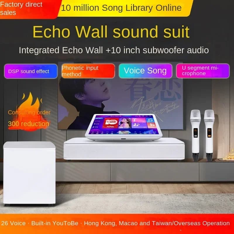 Sistema Audio All-in-One per Home Theater e KTV con Illuminazione LED RGB, Amplificatore, Subwoofer Bluetooth, Altoparlante a Muro con Eco e Funzionamento a Batteria