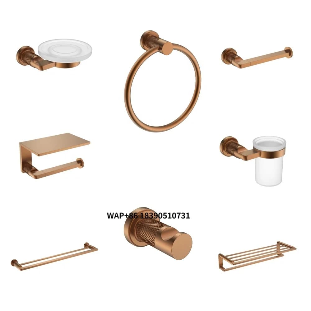 Nuovo Design Set di Accessori per Bagno in Ottone Spazzolato Oro Rosa: Gancio per Accappatoio, Porta Asciugamani, Porta Carta Igienica