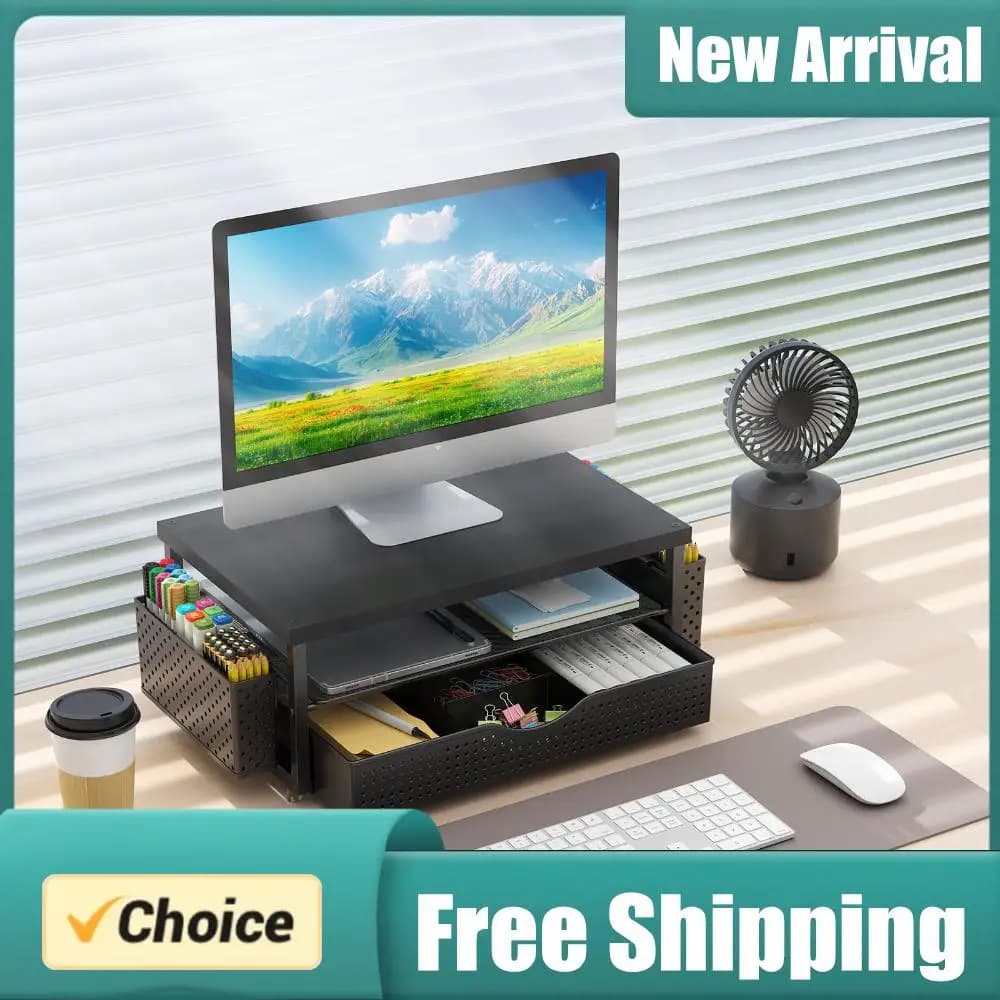 Supporto per Monitor a 2 Livelli con Cassetto e 2 Portapenne, Rialzo per Scrivania e Laptop per Ufficio