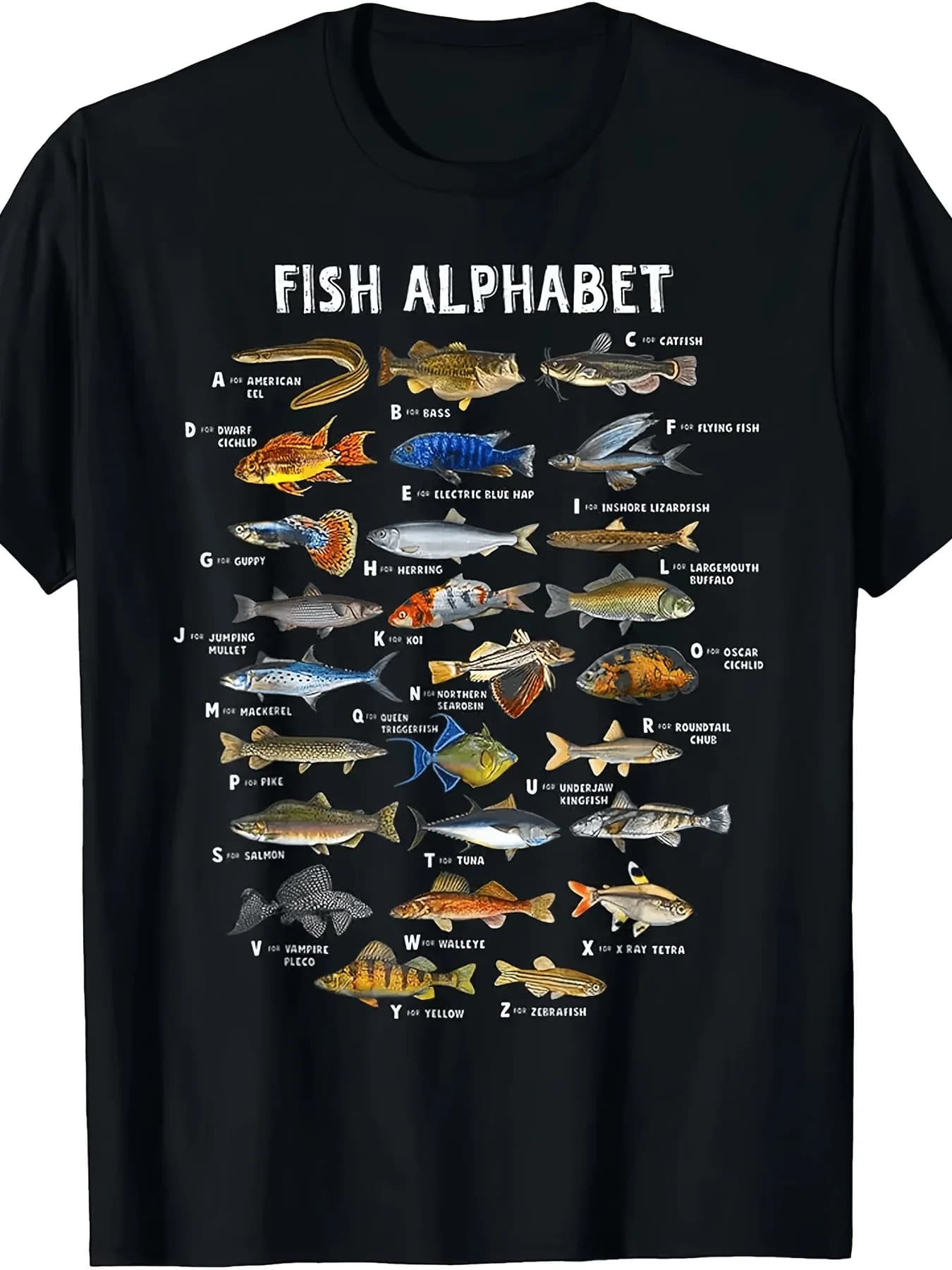 Funny Educational Fish Alphabet Chart Graphic T-Shirt for Men Fisherman Novelty Tee 1pc S-XXXL