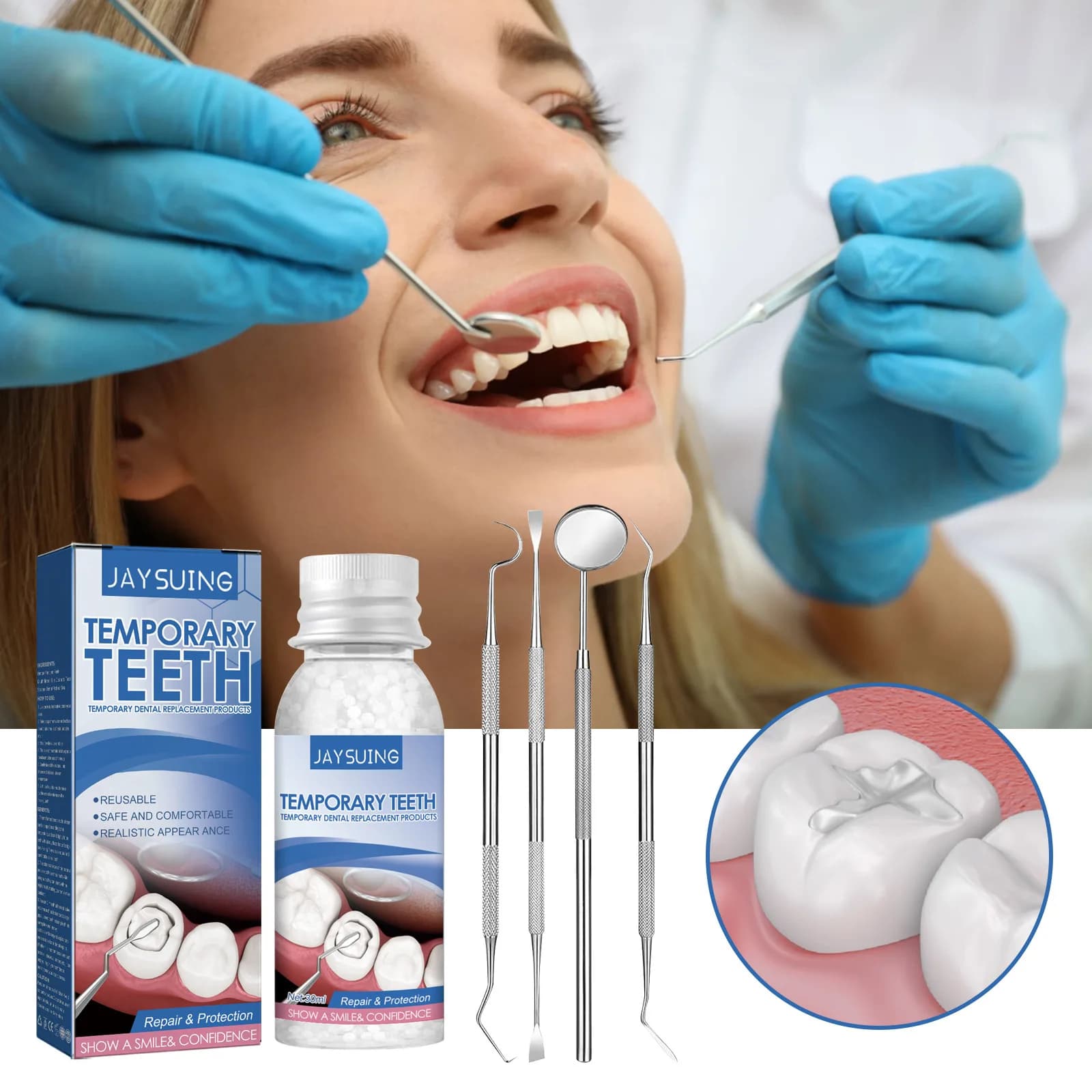 Kit di riparazione temporanea dei denti Protesi adesiva Sbiancamento dei denti Gel Riempimento della resina Denti e spazi vuoti modellabili Denti falsi rotti Colla solida