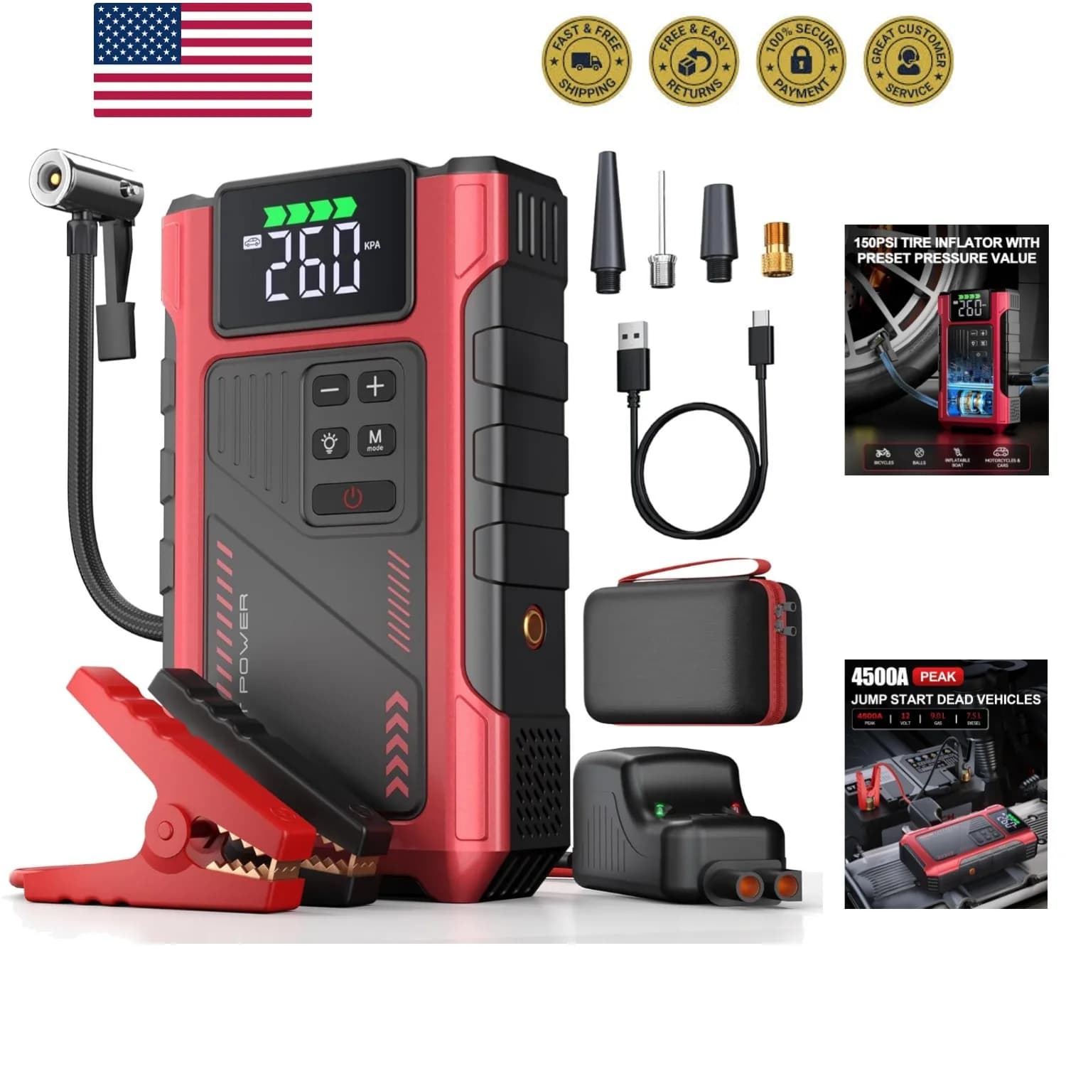 Avviatore d'Emergenza per Auto 4500A con Compressore d'Aria, Caricabatterie Portatile Jumpstar