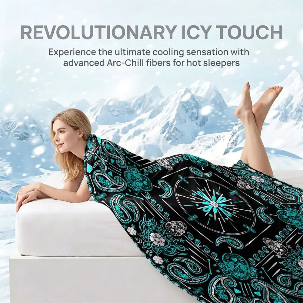 Turquoise Paisley Skull Print Cooling blanket Q MAX 0.3 Quick Cool Thin Throw For Retro Street Adult Lounge Cover