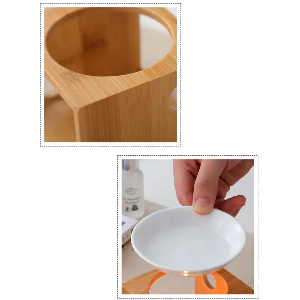 Ceramic Oil Burner Bamboo Frame Aroma Wax Melt Diffuser Candle Spoon Holder for Home Spa Yoga Meditation Decor