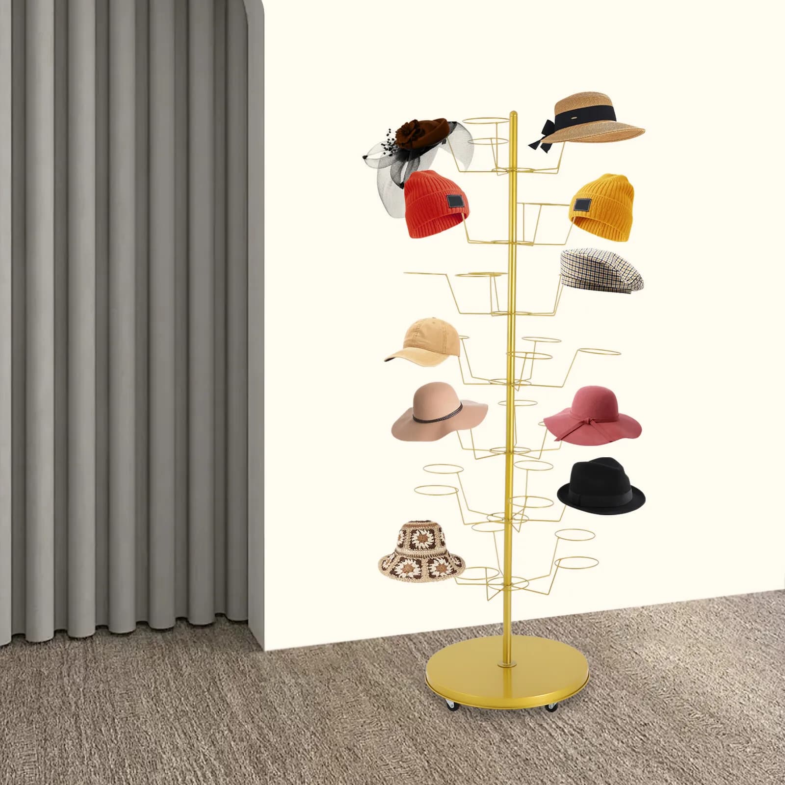 Espositore Girevole in Metallo a 7 Livelli per Cappelli, da Terra, per Casa e Negozio