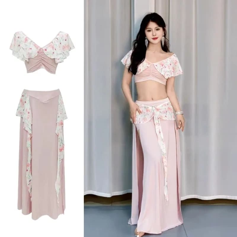 Set da Pratica per Danza del Ventre per Donne Adulte, Top e Gonna Lunga con Spacco Laterale, Costume per Danza Orientale, Outfit per Spettacoli, Nuovo
