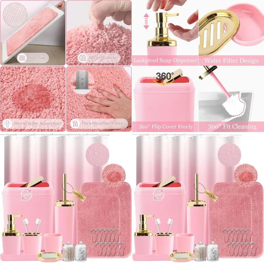 Set di accessori da bagno rosa: tenda da doccia da 24 pezzi, tappeti, ganci, dispenser di sapone, portasapone, portaspazzole, pattumiera f