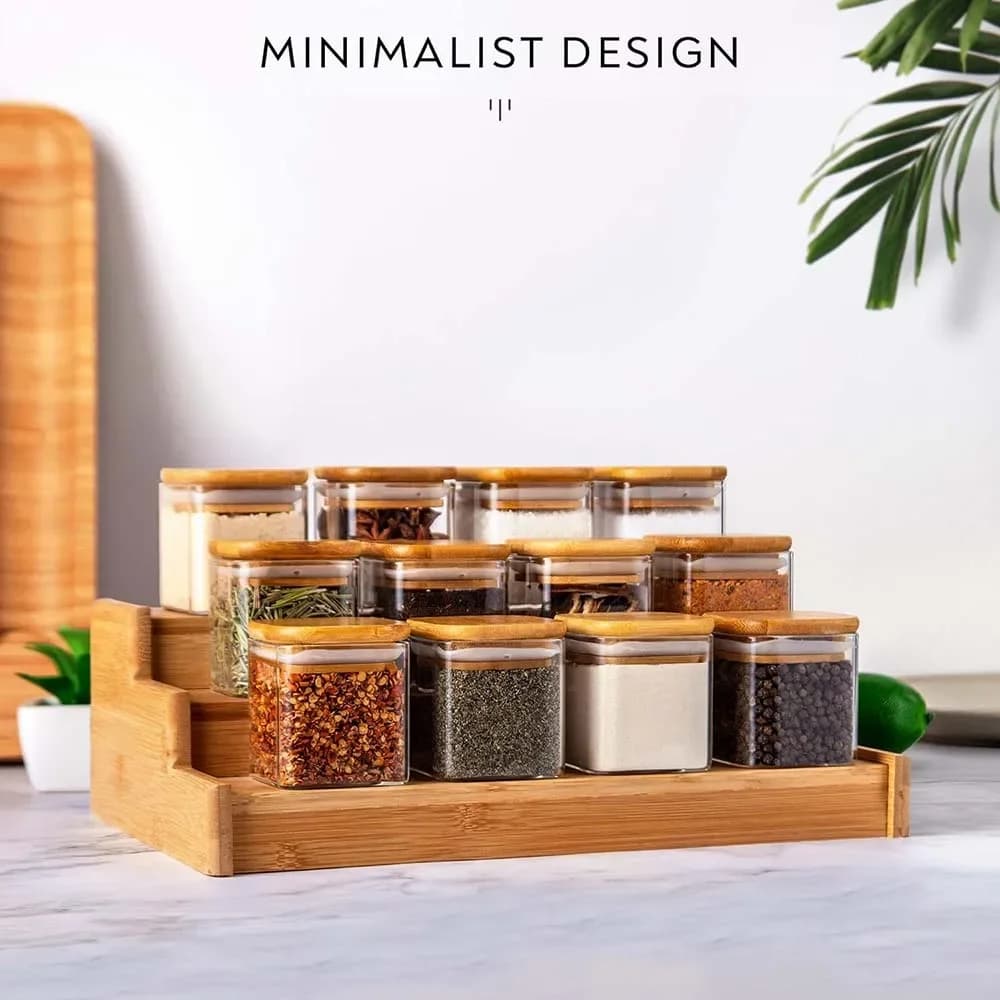 5oz Glass Jars Set with Spice Labels, Square Storage Jars with Bamboo Lids/Sticker Labels, Food Storage Container Canisters