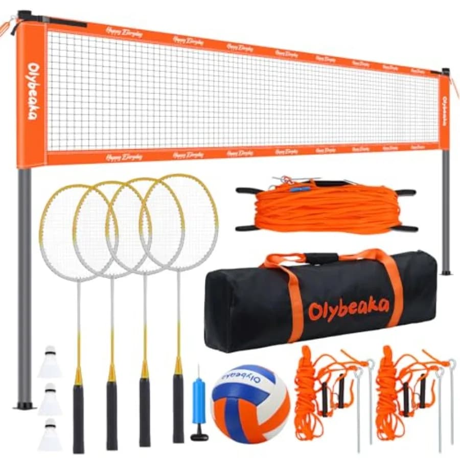 Set Combo da Esterno per Pallavolo e Badminton con Rete Anti-Cedimento, 4 Racchette da Badminton, 3 Volani e Pallone da Pallavolo in PU per Giardino