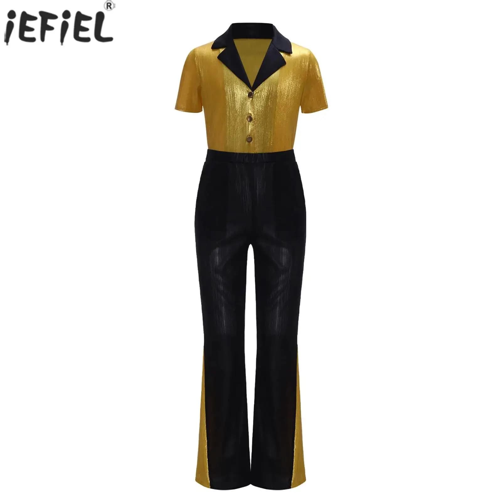 '70s disco costume, glossy shirt with short sleeve buttons, top with elephant pants for Halloween jazz dance theater performances