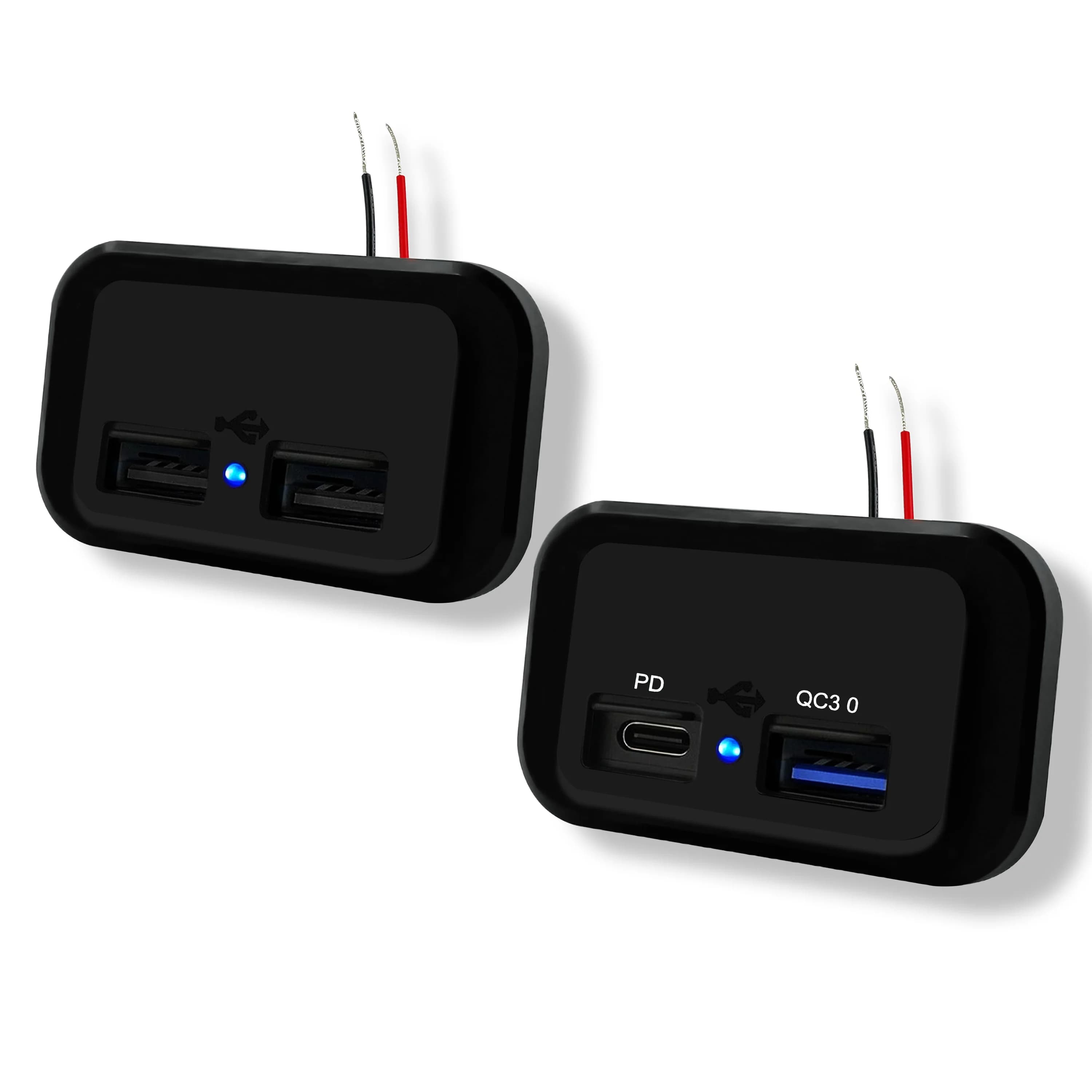 Caricabatteria da auto doppio USB tipo C PD e QC3.0 12V/24V tipo pannello luce blu per auto moto camper camion ATV barca roulotte