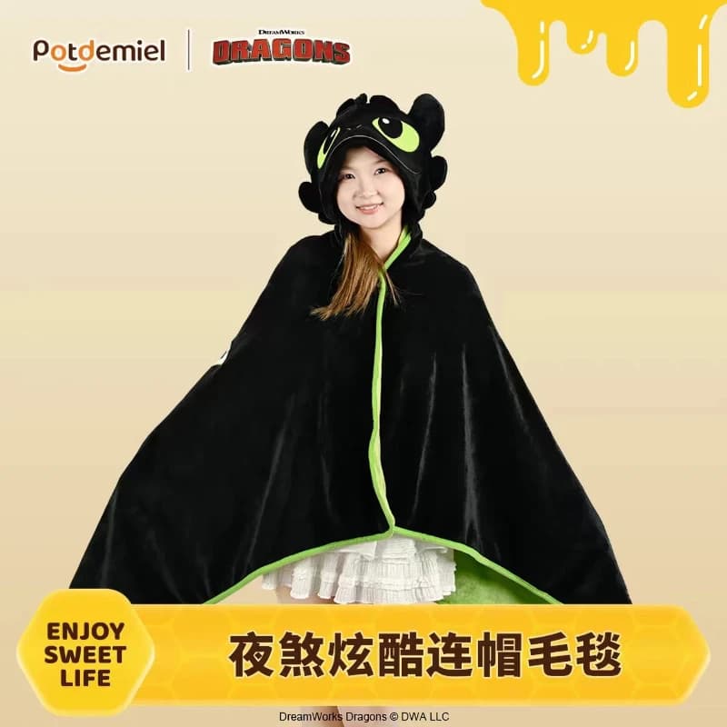 Potdemiel Official Toothless Night Fury Hooded Dragons Plush Shawl Blanket Warm Throw Office Napping Air Conditioning Windproof